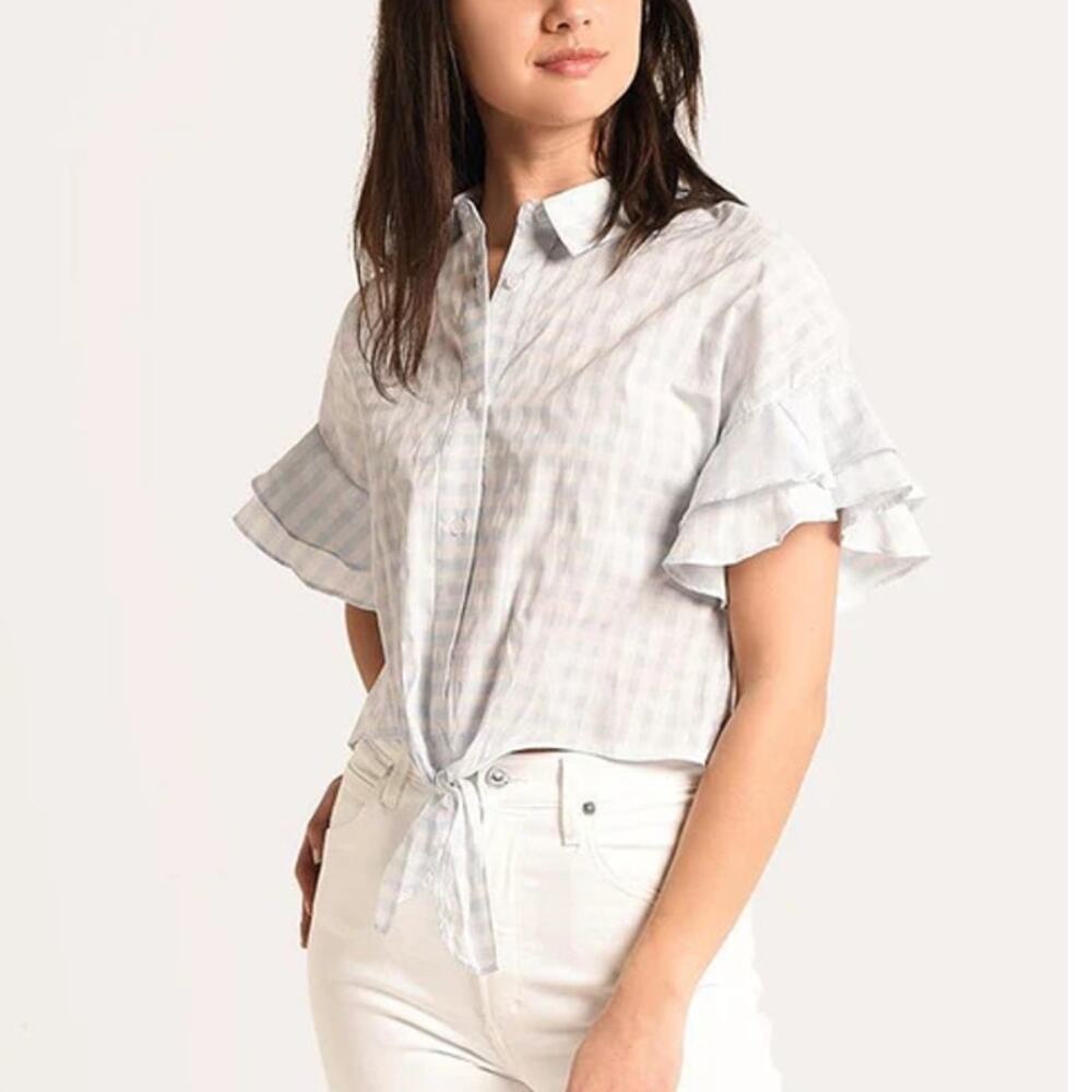 Cupcakes & Cashmere Sunnie Top Blue Gingham Tie-Hem Ruffle Sleeve XS